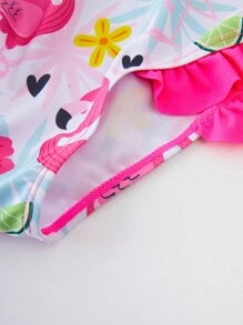 Young Girl Cute Flamingo Print Long Sleeve Rash Guard Swimwear - Red and White - View 9