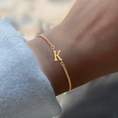 1 件简约字母手链金色不锈钢链式手链女士