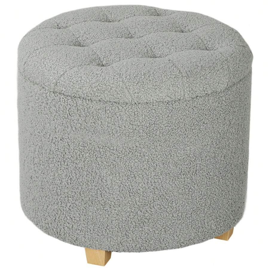 HOMCOM 45cm Round Storage Ottoman, Teddy Fleece Footstool With Removable Lid And Wood Legs, Button Tufted Vanity Stool For Living Room Bedroom Hallway, Dark Grey Back To School Dormitory Storage - Grey - View 1