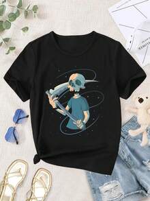 Women's Japanese Sci-Fi Skeleton Vector Art T-Shirt - Anime Kawaii Graphic Tee