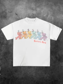Junk Food Closet Grateful Dancing Bears Vintage ,Casual Print,Comfortable And Versatile,Letter Pattern Pure Cotton 220g Printed T-Shirt - 白色 - 查看 1