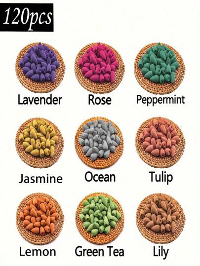 120pcs Natural Backflow Incense Cones - Assorted Scents For Meditation And Yoga - Ideal For Waterfall Incense Burner Holder, For House Cleaning, Meditation, Yoga, Negative Energy Cleansing And Home Or Office Purification Gifts Birthday Graduation