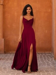 MOEVIO 性感吊带心形领口垂褶开衩露背正式婚礼宾客派对礼服，适合新娘送礼会、生日、毕业典礼等场合，女士奢华晚礼服，女士生日装，秋季返校季连衣裙，春季优雅 - 酒紅色 - 查看 2