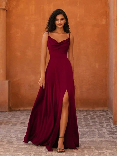 MOEVIO Sexy Spaghetti Straps Sweetheart Neck Draped Split Thigh Backless Formal Wedding Guest Party Dress Bride Shower Birthday Graduation Dress, Luxury Evening Dresses For Women, Birthday Women Outfits, Fall Back To School Gown