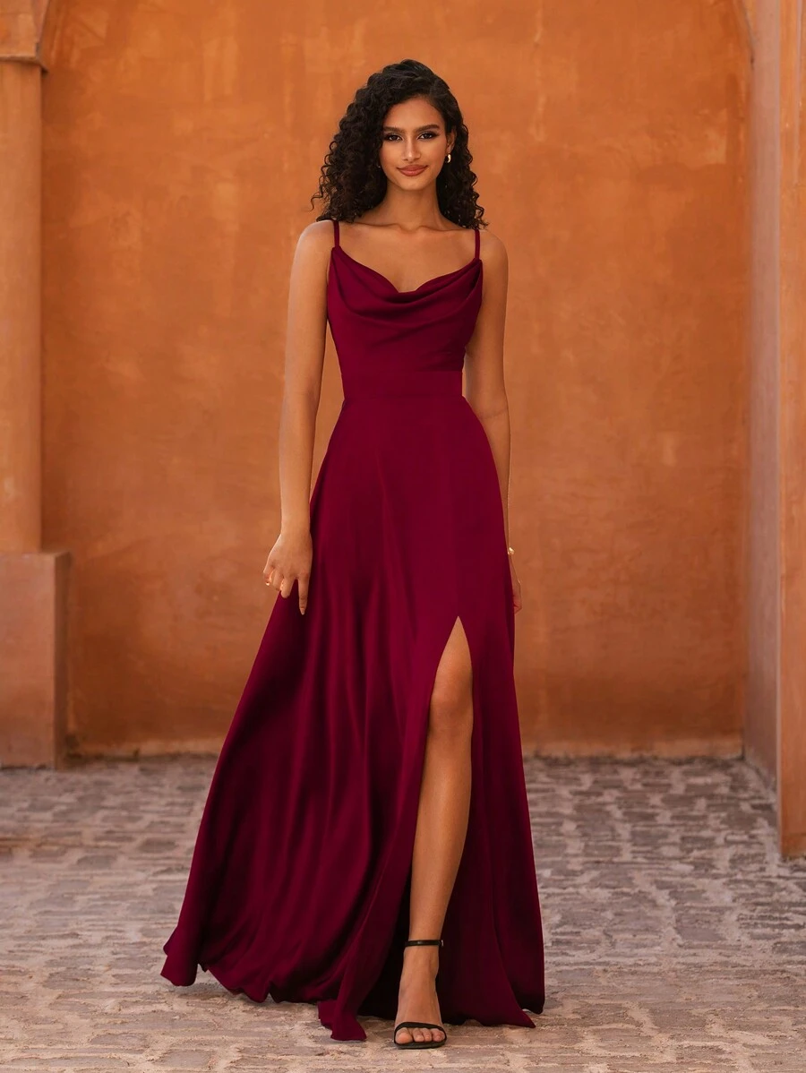 MOEVIO 性感吊带心形领口垂褶开衩露背正式婚礼宾客派对礼服，适合新娘送礼会、生日、毕业典礼等场合，女士奢华晚礼服，女士生日装，秋季返校季连衣裙，春季优雅