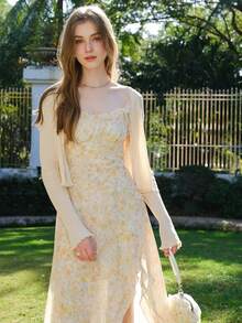 Drop Shoulder Lettuce Trim Cardigan - Beige - View 4