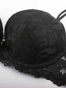 女士黑色蕾丝图案内衣文胸无钢圈聚拢内衣文胸钢圈提升内衣文胸适合婚纱