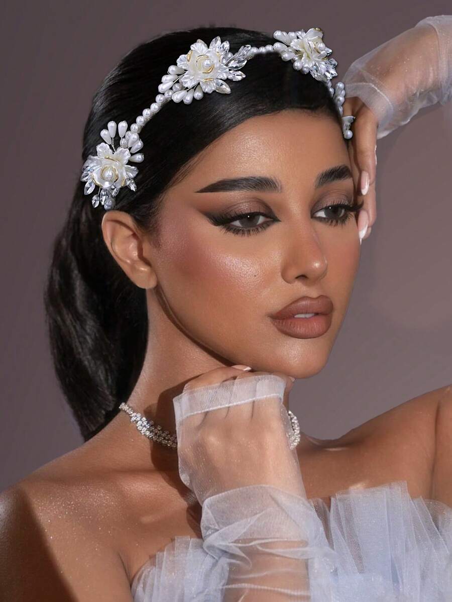 1pc Women's Faux Pearl Crystal Flower Headband, Fashionable Charm Hair