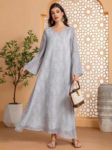 女士雕花雪纺长袖衬里连衣裙优雅长袖长袍 Abaya 朴素卡夫坦 Jalabiya 阿拉伯连衣裙斋月风格 - 淺灰色 - 查看 5