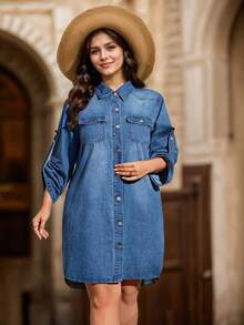 Vestido de mezclilla de manga larga a media pantorrilla con volantes y diseño retro en talla grande - Azul lavado oscuro - Ver 5