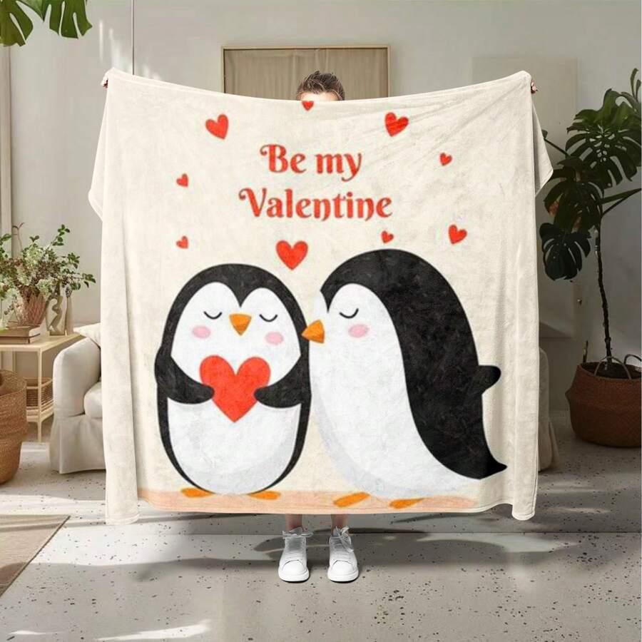 Geometric Valentine's Day Penguin Blanket: A Soft And Warm Sofa Blanket With A Unique Design - Machine Washable, Tear Resistant, And Suitable For Everyone - Multicolor - View 1