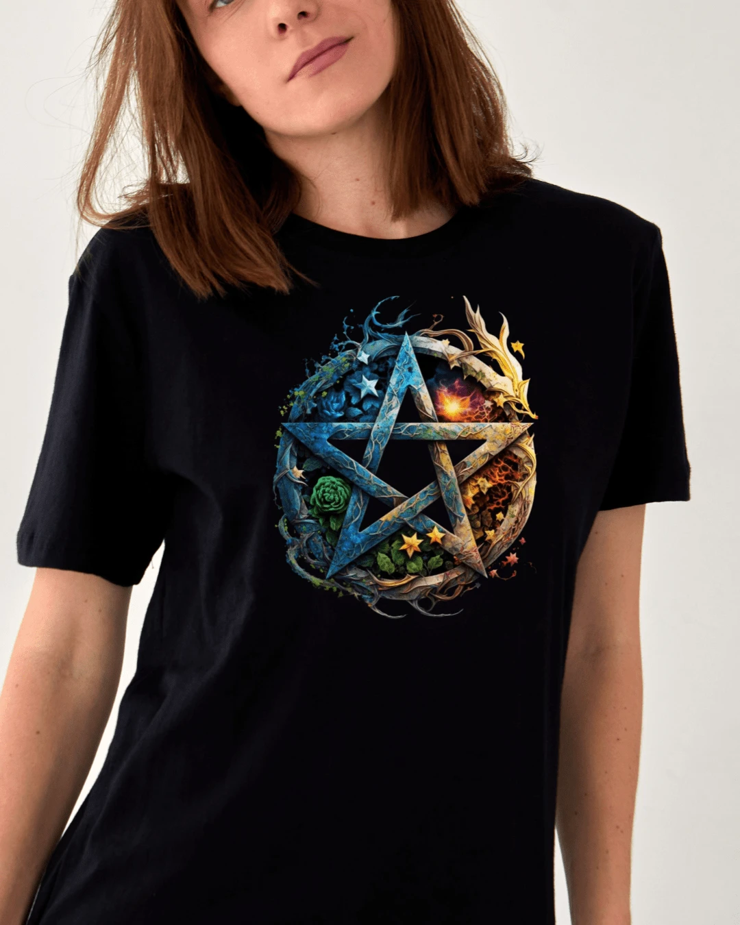Camiseta Feminina Estampada Pentagrama Bruxaria Umbanda Xamã 100% algodão - Preto - Visão 1