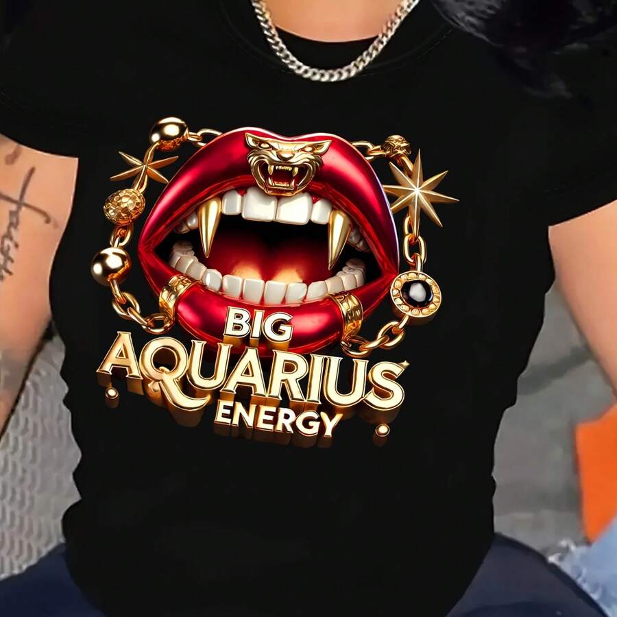 Aquarius Graphic Tee For Women - Casual Short Sleeve Crew Neck T-Shirt, Breathable Polyester, Machine Washable, Print, Spring Summer - màu đen - Xem 1