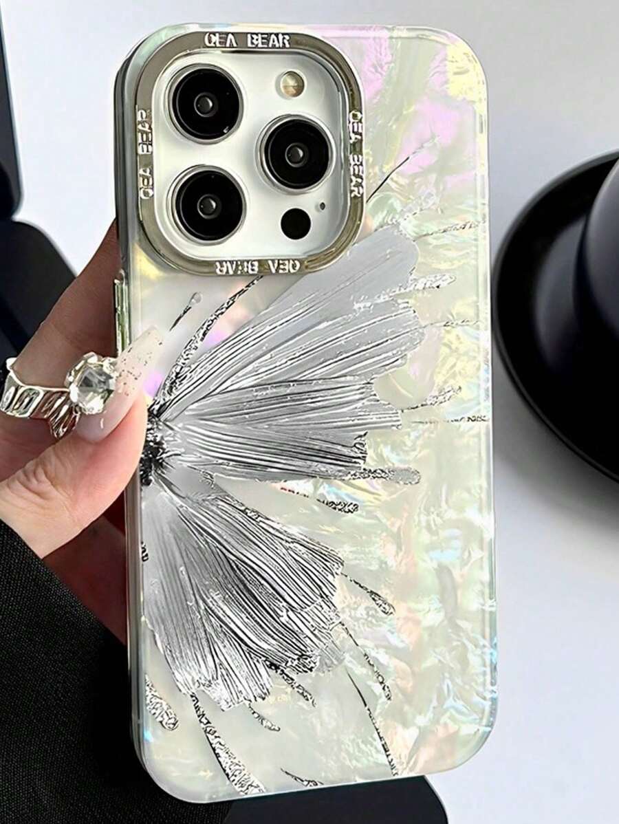 苹果新品蝴蝶设计银色/镀金手机壳,适用于 iPhone 15 Pro Max、14 Pro、13 Pro、12,简约风格,全覆盖防震硅胶壳。 - 銀色 - 查看 1