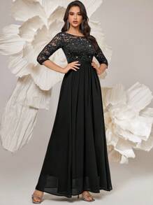 Elisanya 优雅亮片花卉蕾丝 3/4 袖褶皱下摆雪纺正式派对长裙 - 查看 7