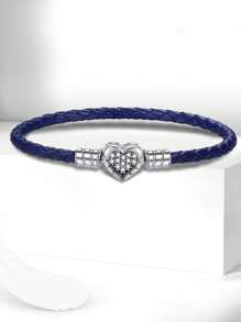 1Pc Glamorous 16-21CM 925 Sterling Silver Heart Bead Leather Cord Bracelet For Women Girlfriend Gift Fine Ladies Jewellery
