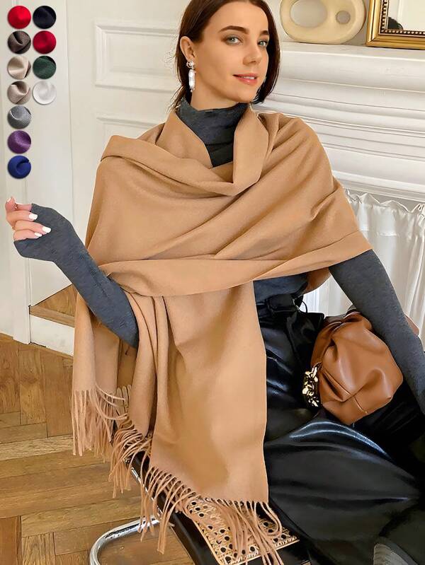 1 pieza Bufanda/Chal de cachemir con flecos de un solo color para mujeres, de doble uso, gruesa y cálida, versátil para otoño/invierno