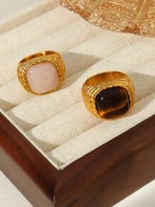 MiDuoDuo 1pc MiDuoDuo Cross-Border Luxury Retro Natural Tiger Eye & Rose Quartz Ring, Fashion Lady Daily Ring