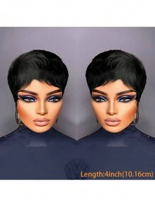 女士时尚短发假发 - 无胶巴西真人头发，黑色带棕色挑染，短直发带刘海，180% 密度，全机器制作，无蕾丝前部 - 間色 - 查看 4