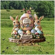 1 件，复活节兔子花园堆叠，2D Yaranli 双兔雕像带复活节彩蛋，用于户外草坪和花园装饰，复活节主题装饰 - 彩色 - 查看 2