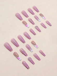 Juego de 24 piezas de uñas postizas de diamantes de imitación lindo de dibujos animados en forma de ataúd largo con 1 lima de uñas y 1 pegamento de gelatina uñas falsas uña falsa uña acrílica - Multicolor - Ver 2