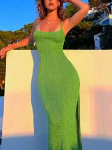 Robe maxi moulante verte sexy et dos nu pour femmes, élégante pour les fêtes, les vacances, les sorties, le printemps/été - Vert - Voir 2