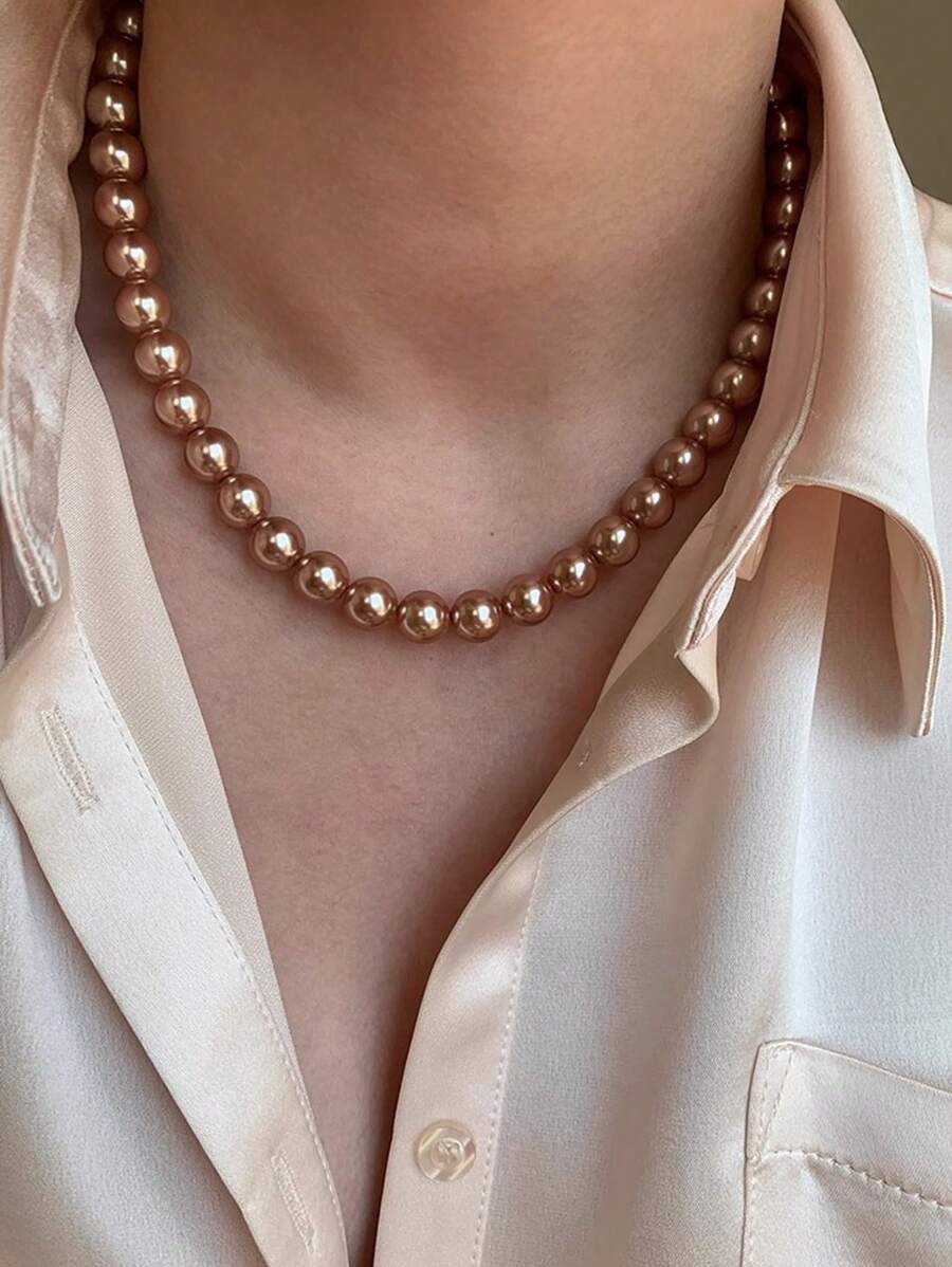 1pc 10mm Brown Faux Pearl Necklace, Elegant & Suitable For Daily Wear, Holidays And Gifts - Brown - View 1