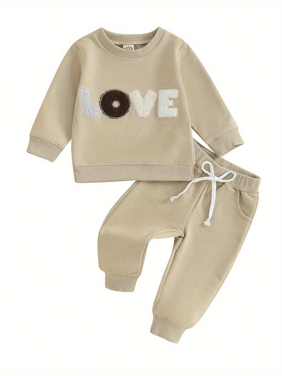 Baby 2 Piece Cute Outfit Plush Letter Embroidery Long Sleeve Sweatshirt And Elastic Pants Set For Infant Fall Clothes - Coffee Brown - View 1