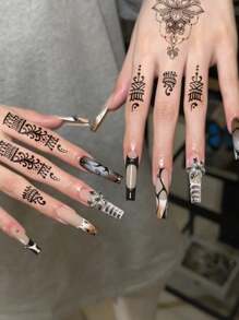 1 件黑色指甲花蕾丝边曼陀罗花图案临时防水纹身贴纸，适用于手部、背部、身体装饰、日常佩戴和礼物