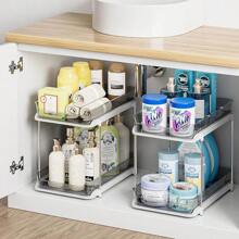 Paquete de 2 Organizador Debajo del Fregadero de 2 Niveles Multiusos para Baño Y Cocina, Organizador de Bañoíble con Divisores Ajustables, Apilable para Alacena O Botiquín, Gris - blanco leche - Ver 9