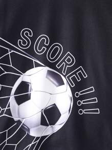 男童足球印花短袖T恤+休闲印花短裤套装，适合春夏季 - 黑色 - 查看 5