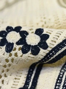 女士时尚复古黑白镂空花卉针织背心 - 黑與白 - 查看 5