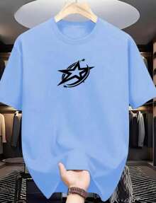 Men's Casual Star T-Shirt Star Streetwear 100% Cotton Basic - 淺藍色 - 查看 2