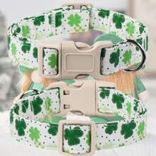 1pc St Patrick's Day Theme White Shamrock Pattern Dog Collars, Soft & Comfortable Fabric Adjustable Random Print Dog Collars, With Quick Release Buckle For Small Medium Large Dogs, Suitable For Dogs To Wear During St Patrick's Day