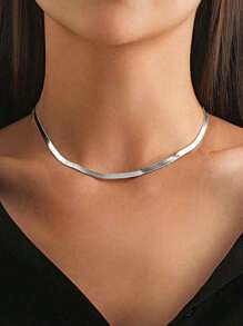 1 件女士时尚简约不锈钢银色扁平蛇链项链 [无盒包装]