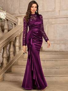 MIUSOL Contrast Lace Satin Stand Collar Long Sleeve Ruffle Hem Fitted Formal Party Dress, Wedding Guest Gown, Evening Dress, For Valentine's Day - Maroon - View 7