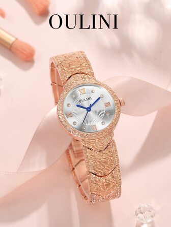 1pc OULINI Women Quartz Watches Rhinestone - Gold Textured Strap, Alloy, Elegant Fashion Casual For Holiday, Party, Gift For Friends