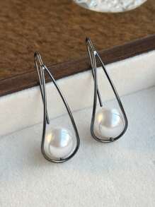 1 对优雅复古风格人造珍珠独特奢华铜质女式耳环 - 槍黑色 - 查看 9