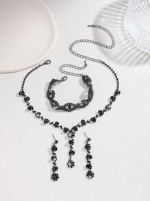 4 件套优雅时尚珠宝套装，包括项链、耳环和手链，饰有闪亮水钻，适合婚礼、派对和节日礼物 - 黑色 - 查看 3