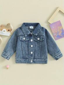 Toddler Girl Denim Jacket Letter Embroidery Long Sleeve Button Jean Cardigan Coat For Infant Baby Spring Fall Outwear