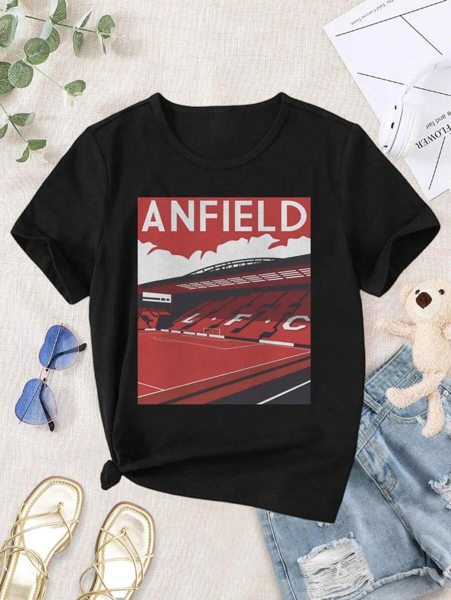 Vintage Anfield Women's T-Shirt Retro Football Tees Classic Liverpool Shirt LFC Apparel - 黑色 - 查看 1
