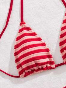 New Soft Striped Terry Cloth Wrap Halter Bikini Set, Simple & Elegant Party & Beach Swimwear For Women, Summer - Red - View 6