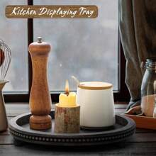 Bandeja redonda de madera negra decorativa con abalorio, para mesa de centro, comedor, entrada y sala de estar - Marrón cálido - Ver 2