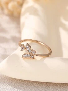 Nooxian 1 pièce Bague réglable micro-pavée délicate en couleur or avec un papillon en zircone, accessoire de mode - Or jaune - Voir 6