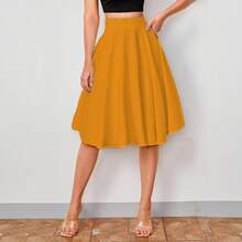 Conjunto falda y camiseta manga corta cintura alta vuelo ajuste femenino - Amarillo Mostaza - Ver 4