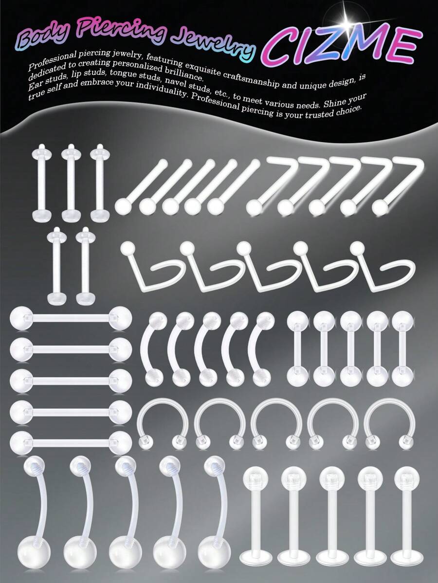 CIZME 5件/50件/套透明UV亚克力材质身体穿孔套装，包括肚脐穿孔、鼻穿孔、鼻中隔环、耳穿孔、唇穿孔，适合女性日常佩戴 - 無色 - 查看 1