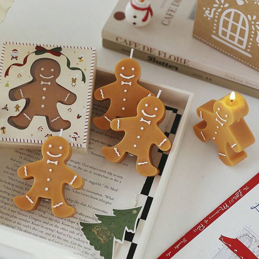 1pc Christmas A Soybean Wax Material Christmas Gingerbread Man Scented Candle, Lovely Christmas Wind Home Gingerbread Man Candle Decoration, Suitable For Christmas Decoration, Home Decoration, Table Decoration, Table Decoration, Christmas Holiday Gifts, With Gifts, Four Seasons Universal Candles, Coffee And Milk Scented Candles, Candle Decoration