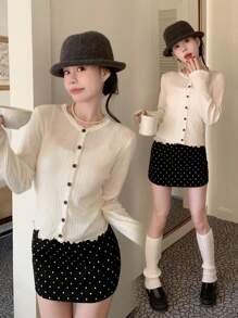 Women's Lace Trim Fitted Knit Cardigan, Round Neck, Short Style, Thin & Transparent, Spring/Summer - Apricot - View 8