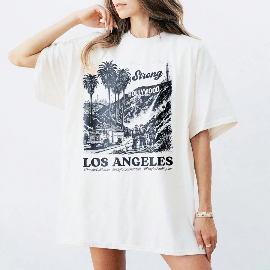 Wildfires Los Angeles Shirt, Wildfires Shirt, California Strong Shirt, LA Strong Shirt, Pray For Los Angeles Shirt, Firefighter T-Shirt, Oversized Short Sleeve Classic Heavy Cotton T Shirt Printed Graphic Tee Women's Casual Short-Sleeved Top - White - View 1
