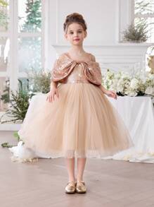 Vestido de princesa de malla con lentejuelas doradas para niña, adecuado como regalo de cumpleaños, para fiestas, banquetes, dama de honor, bodas, bailes escolares, fiestas de Navidad y celebraciones